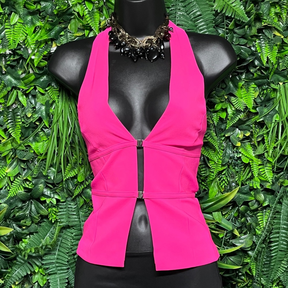 Zara Top XS Hot Pink Halter V Neck Buckle Front Blouse Party Festival 3550 - Picture 2 of 8